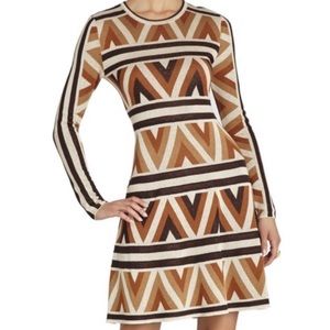 BCBGMaxazria Knit Brown and Tan Geometric fit and flare a line dress